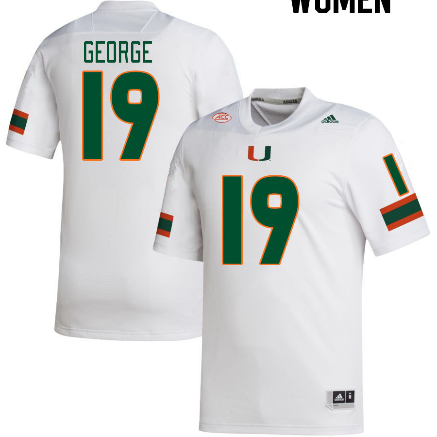 Women #19 Jayden George Miami Hurricanes College Football Jerseys Stitched-White - Click Image to Close
